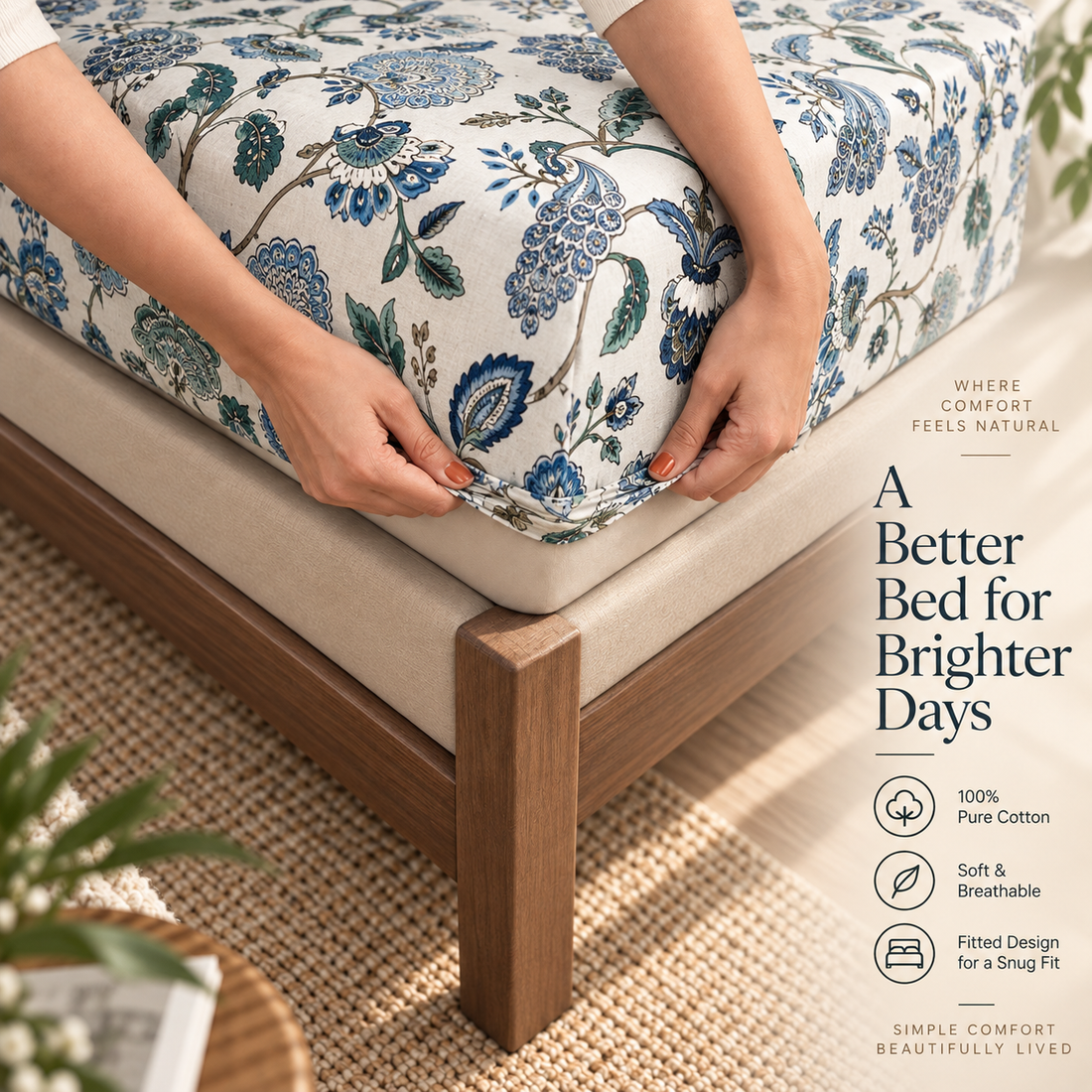 Sapphire Petal Elastic Cotton Fitted King Bedsheet (78×72×8 Inch) with 2 Pillow Covers (18×28 Inch) | Soft & Cozy Bedding