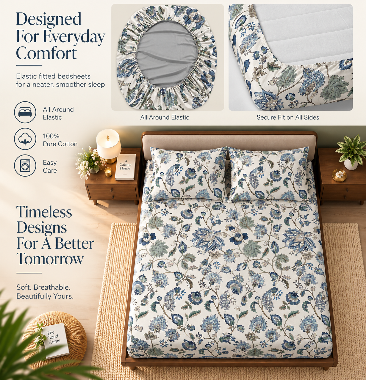 Sapphire Petal Elastic Cotton Fitted King Bedsheet (78×72×8 Inch) with 2 Pillow Covers (18×28 Inch) | Soft & Cozy Bedding