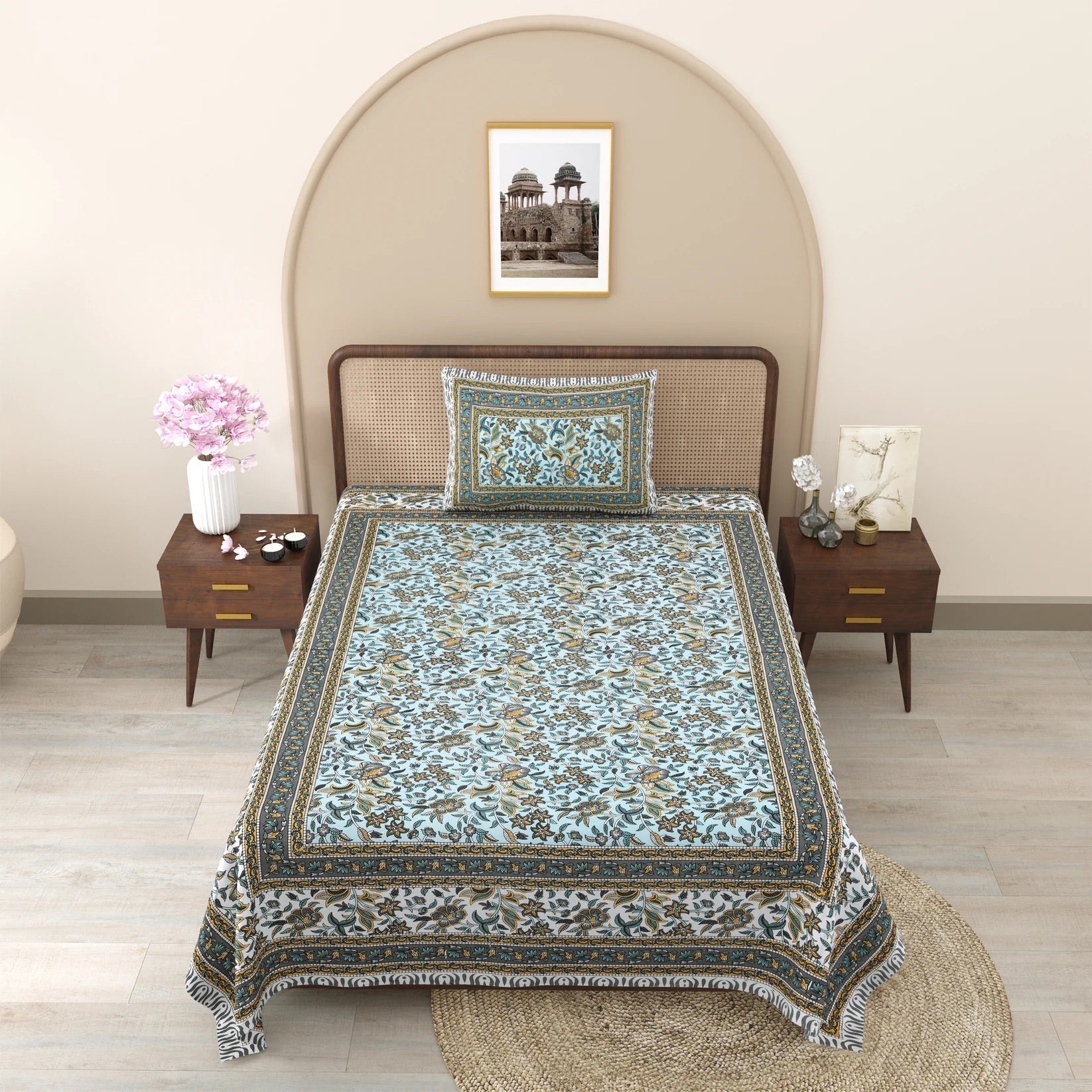 Seashell Hand Block Printed Cotton Single Bedsheet 60x90 inches
