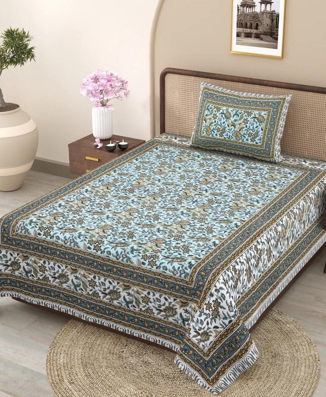 Seashell Hand Block Printed Cotton Single Bedsheet | 60x90 inches