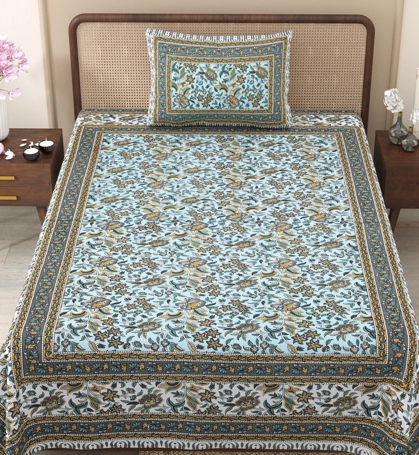 Seashell Hand Block Printed Cotton Single Bedsheet | 60x90 inches