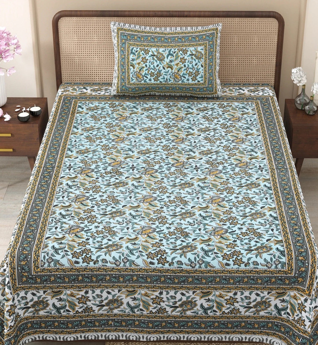 Seashell Hand Block Printed Cotton Single Bedsheet | 60x90 inches