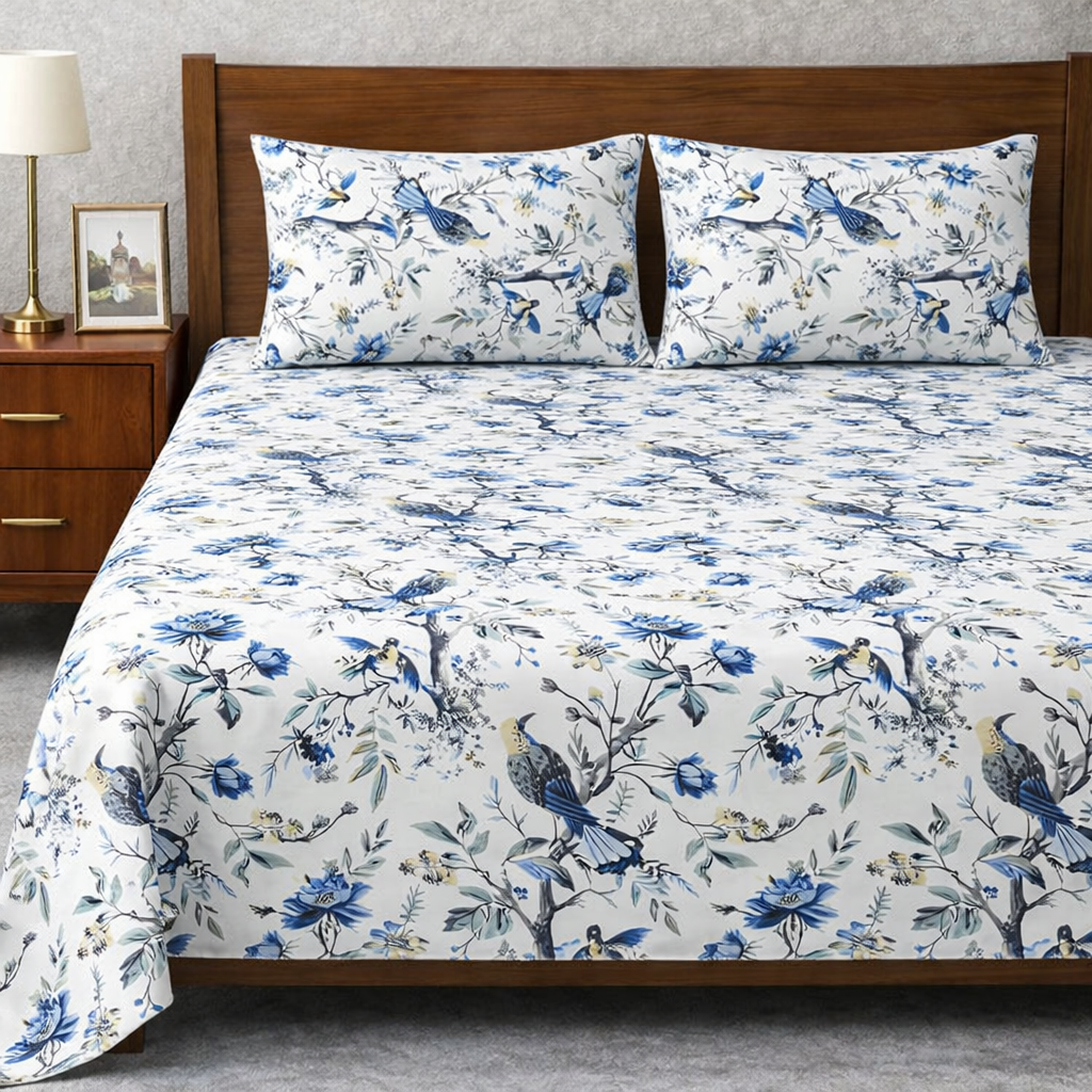 Skyfall Petals Hand Block Printed Cotton King Bedsheet Set | 90x108 | 240 TC
