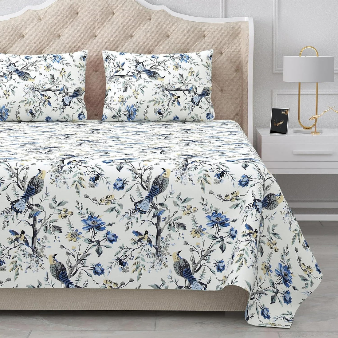 Skyfall Petals Hand Block Printed Cotton King Bedsheet Set | 90x108 | 240 TC