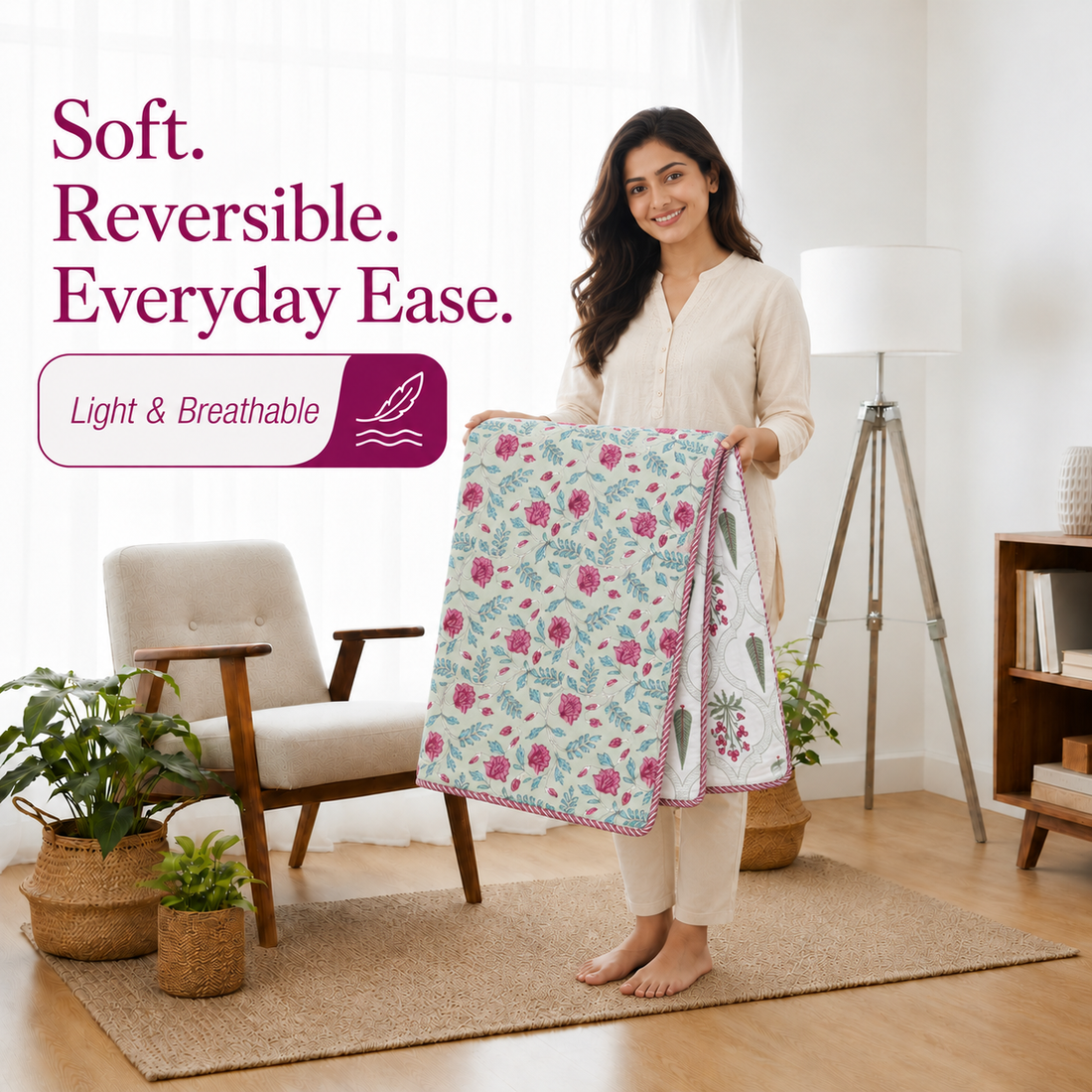 Hand Block Printed Mint Rose Cotton Double Dohar | 90x100 Lightweight Quilt