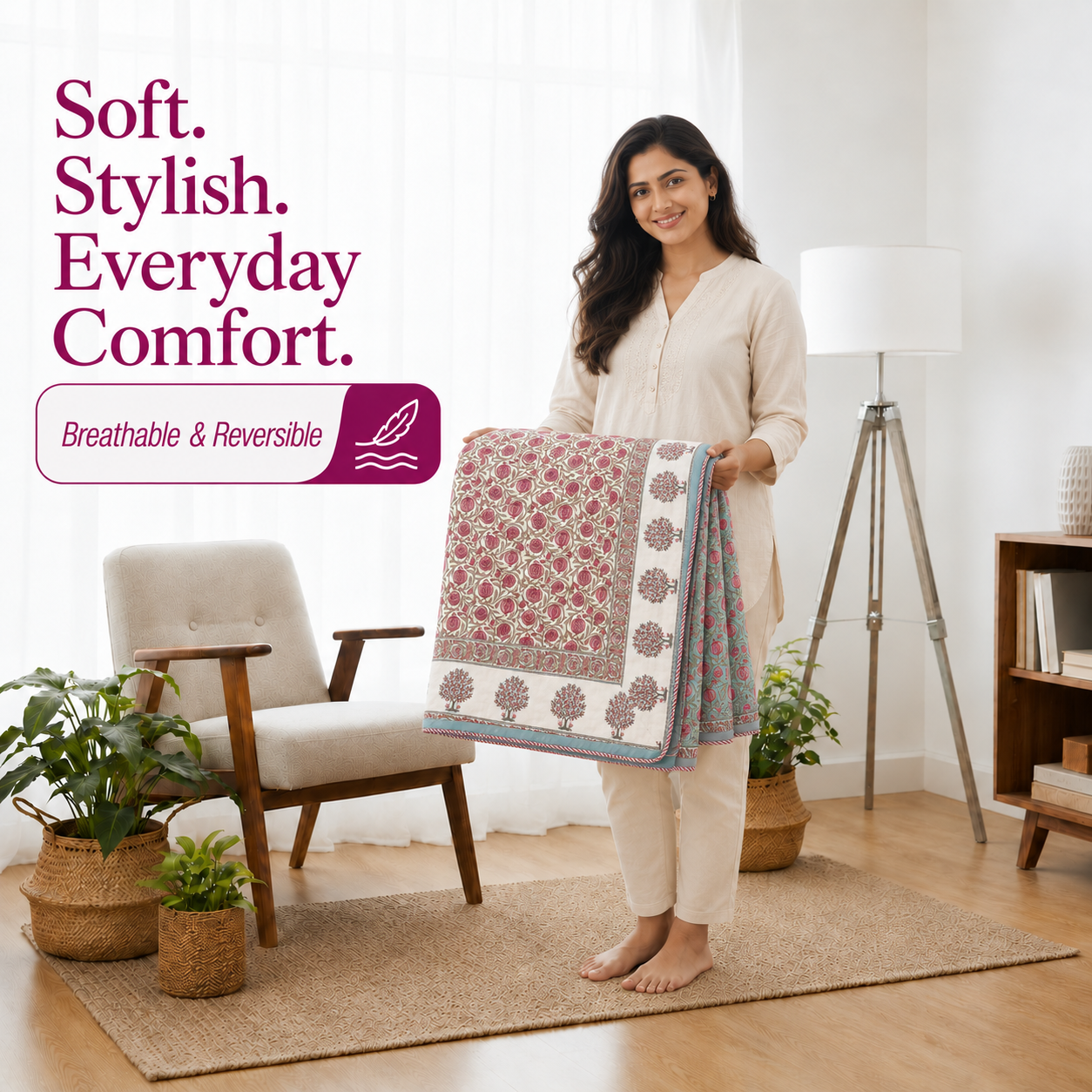 Hand Block Printed Gulabi Buta Cotton Double Dohar | 90x100 Lightweight Quilt