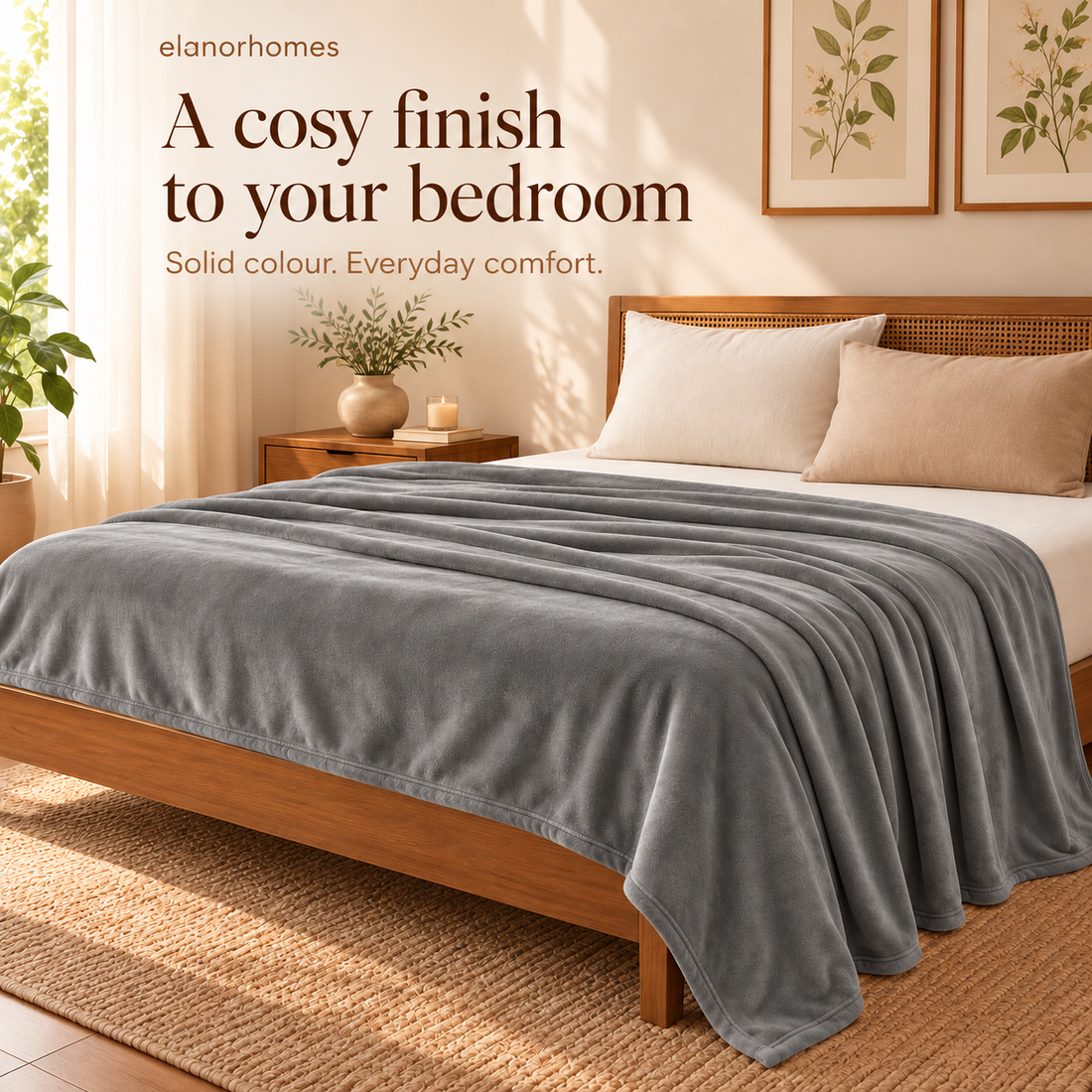 Midnight Grey Warm Embrace Flannel Solid Double Blanket, 220 Gsm, Warm Embrace