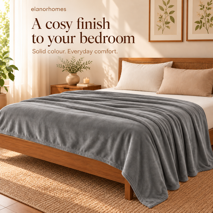 Midnight Grey Warm Embrace Flannel Solid Double Blanket, 220 Gsm, Warm Embrace