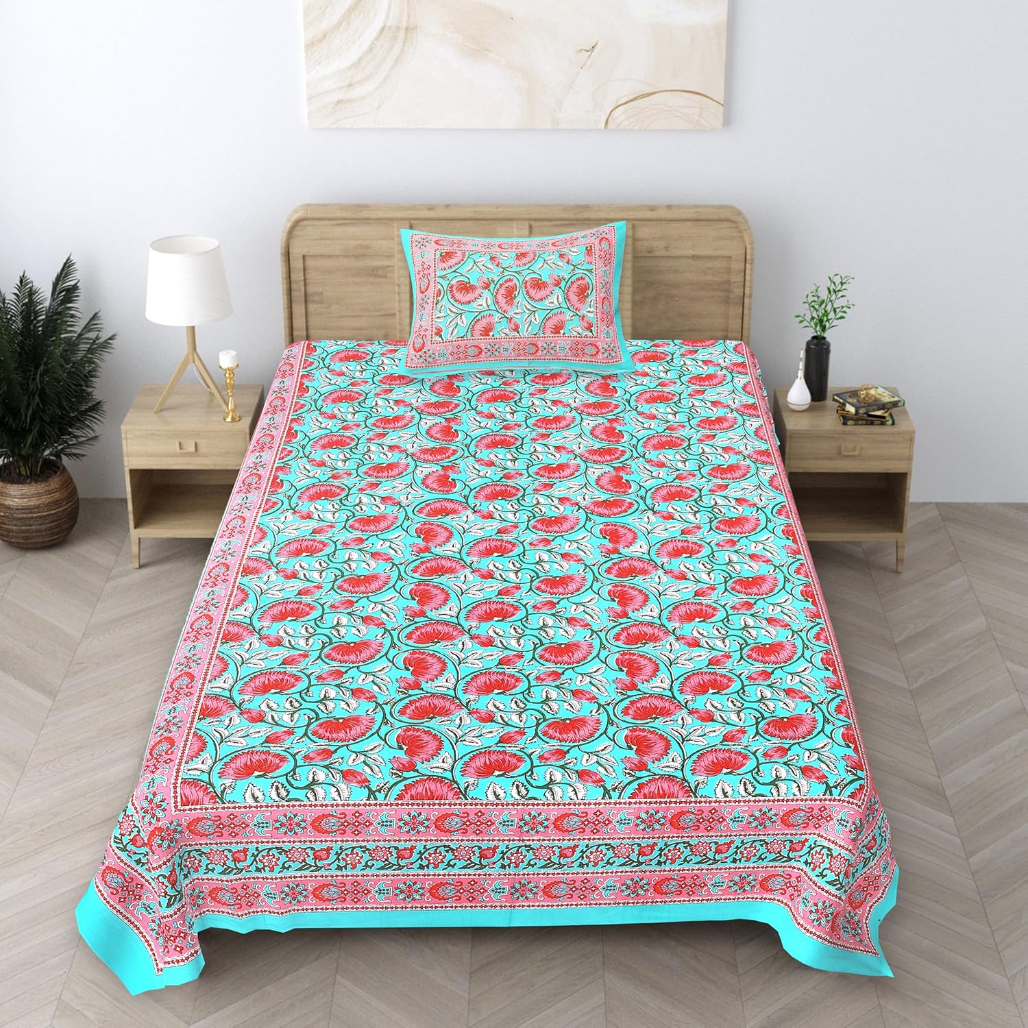 Torquoise Pink Lotus Hand Block Printed Cotton Single Bedsheet 60x90 inches