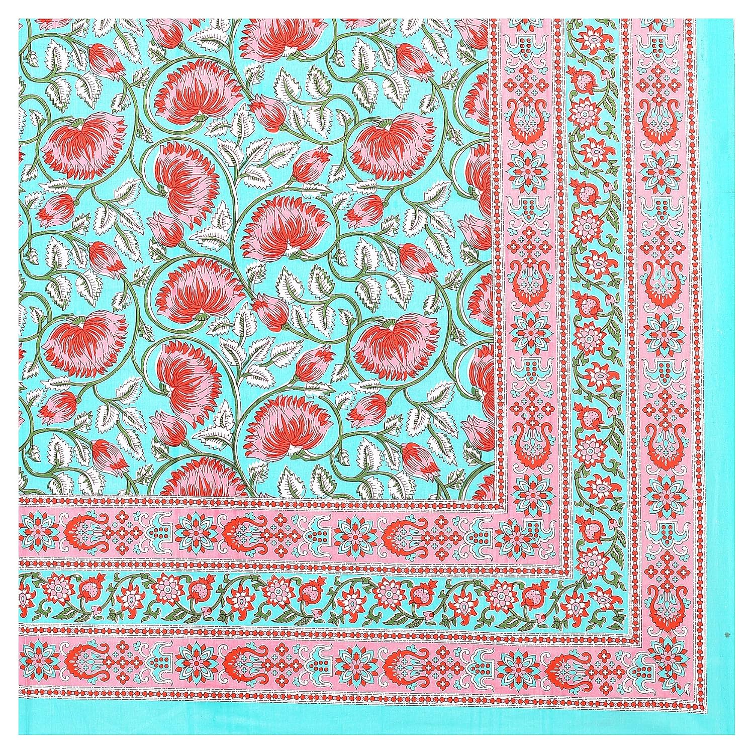 Torquoise Pink Lotus Hand Block Printed Cotton Single Bedsheet | 60x90 inches