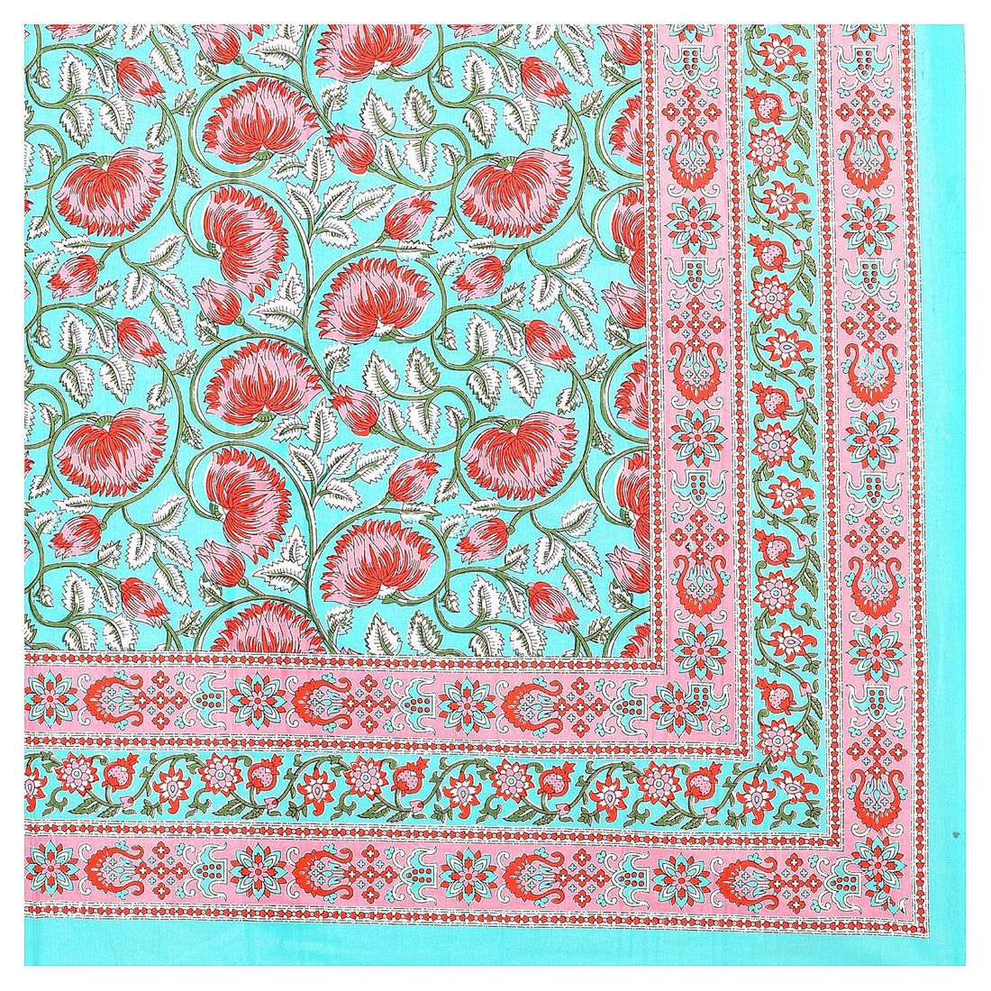 Torquoise Pink Lotus Hand Block Printed Cotton Single Bedsheet | 60x90 inches