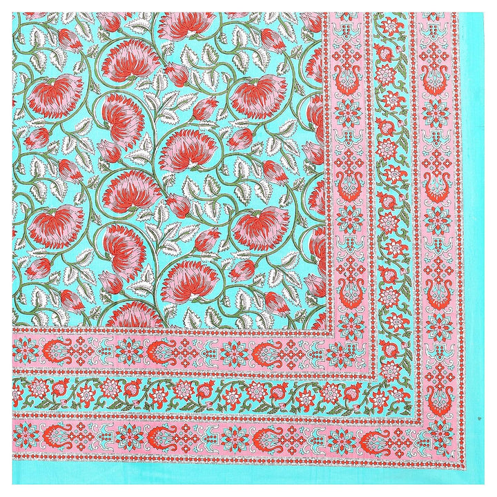 Torquoise Pink Lotus Hand Block Printed Cotton Single Bedsheet | 60x90 inches