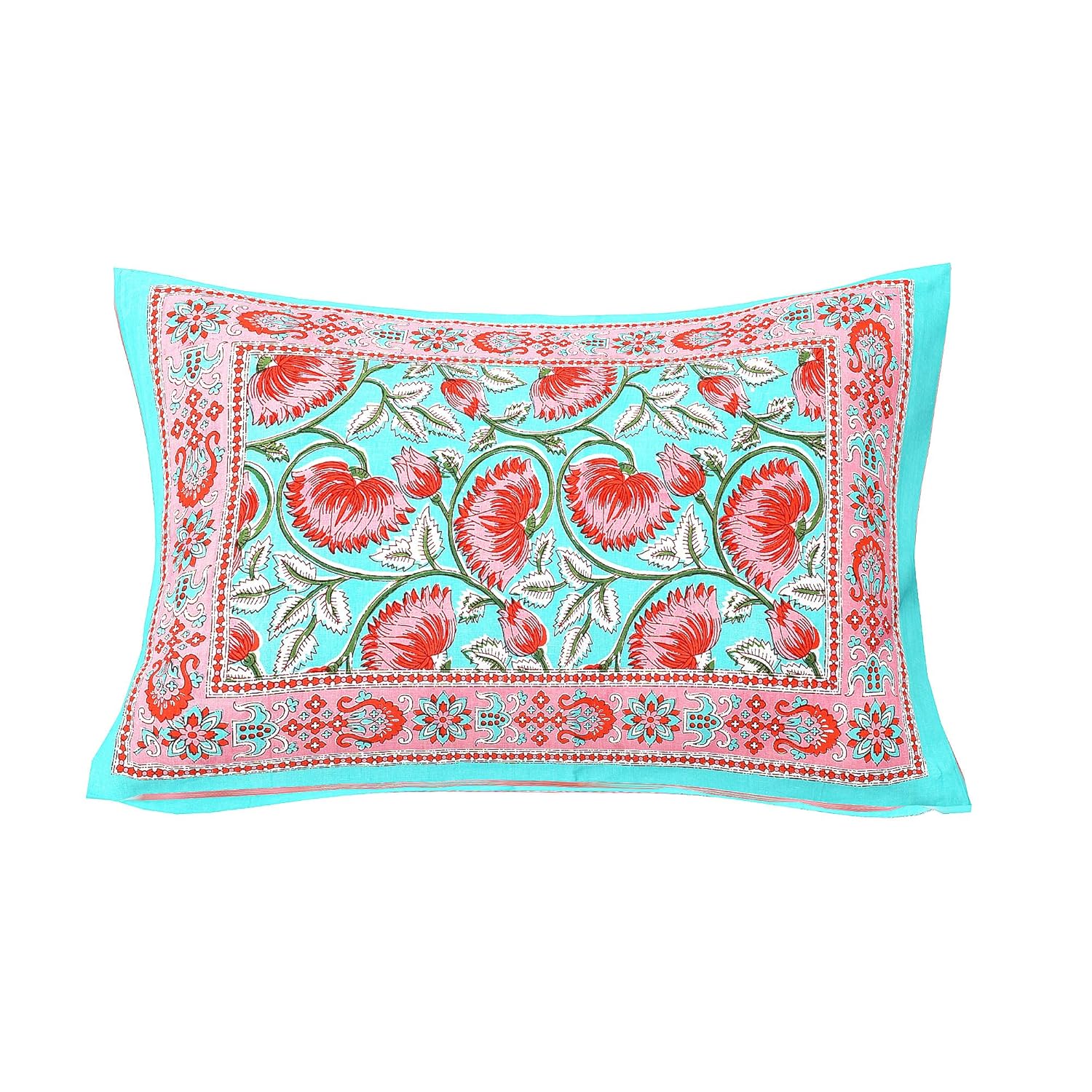 Torquoise Pink Lotus Hand Block Printed Cotton Single Bedsheet | 60x90 inches