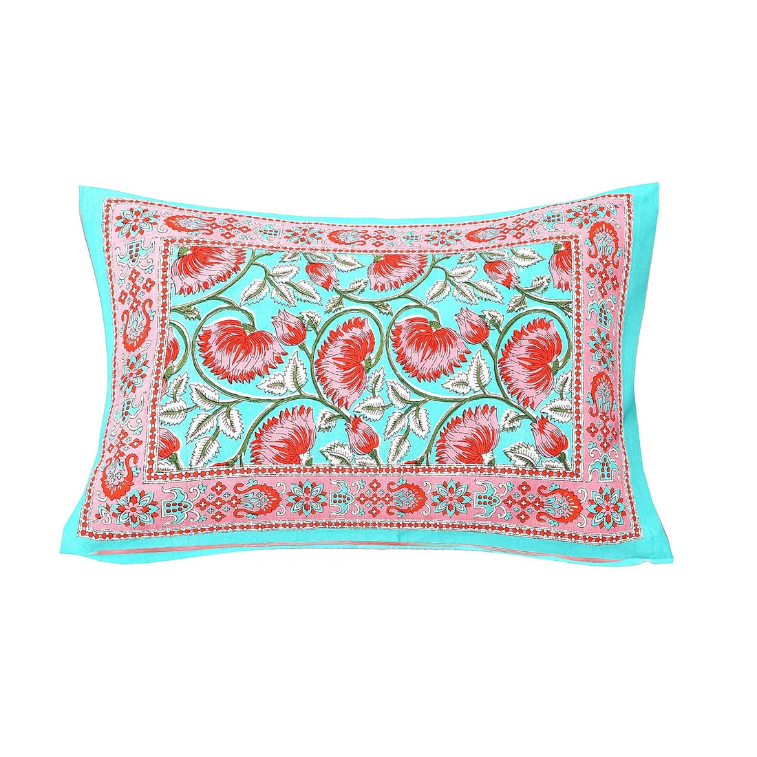 Torquoise Pink Lotus Hand Block Printed Cotton Single Bedsheet | 60x90 inches