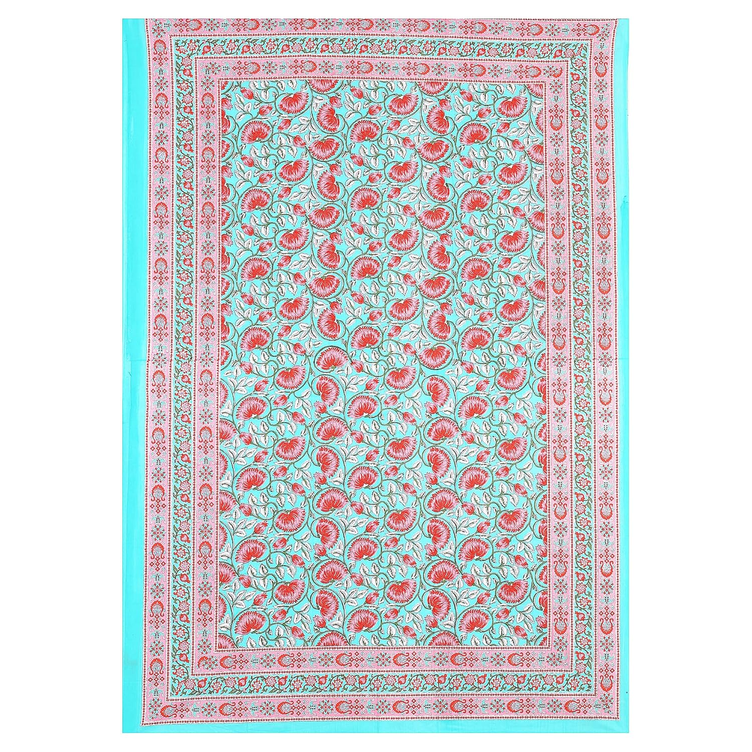 Torquoise Pink Lotus Hand Block Printed Cotton Single Bedsheet | 60x90 inches