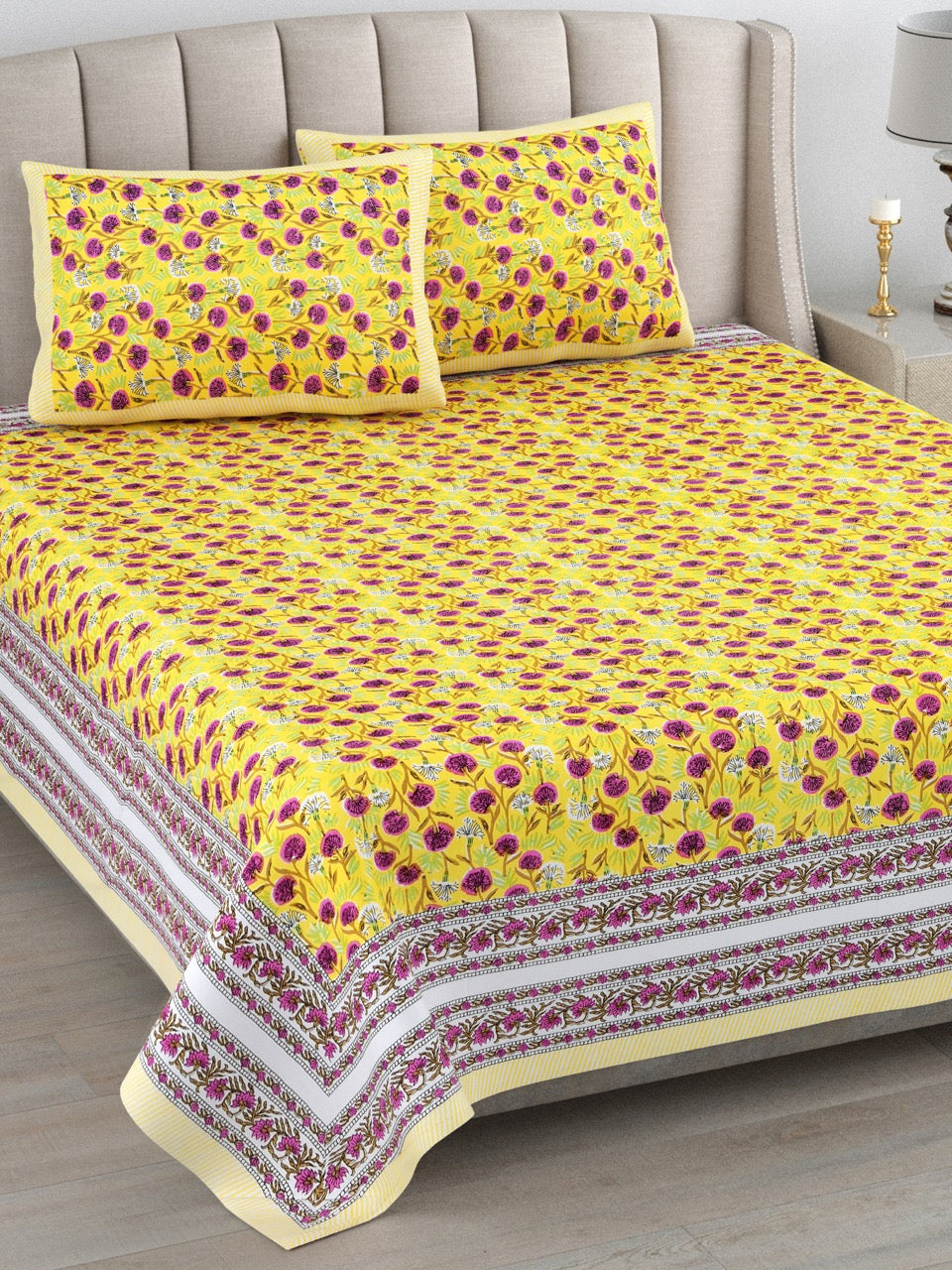 Sunshine Bloom Hand Block Printed Cotton King Bedsheet Set