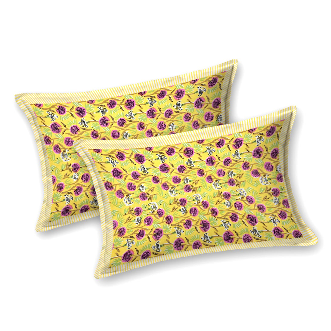 Sunshine Bloom Hand Block Printed Cotton King Bedsheet Set | 90x108 | 240 TC