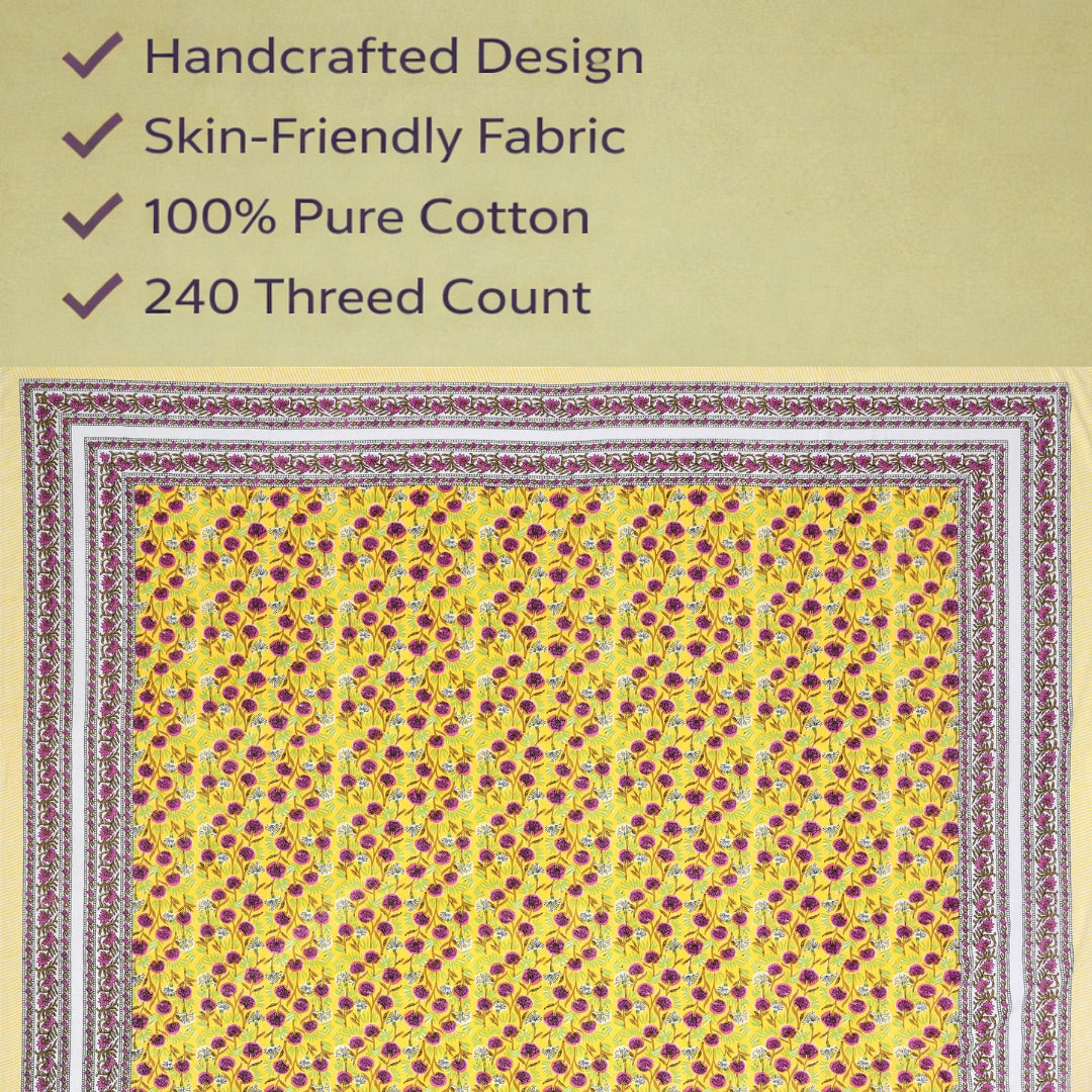 Sunshine Bloom Hand Block Printed Cotton King Bedsheet Set | 90x108 | 240 TC