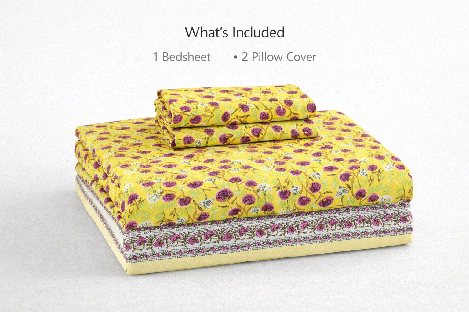 Sunshine Bloom Hand Block Printed Cotton King Bedsheet Set | 90x108 | 240 TC