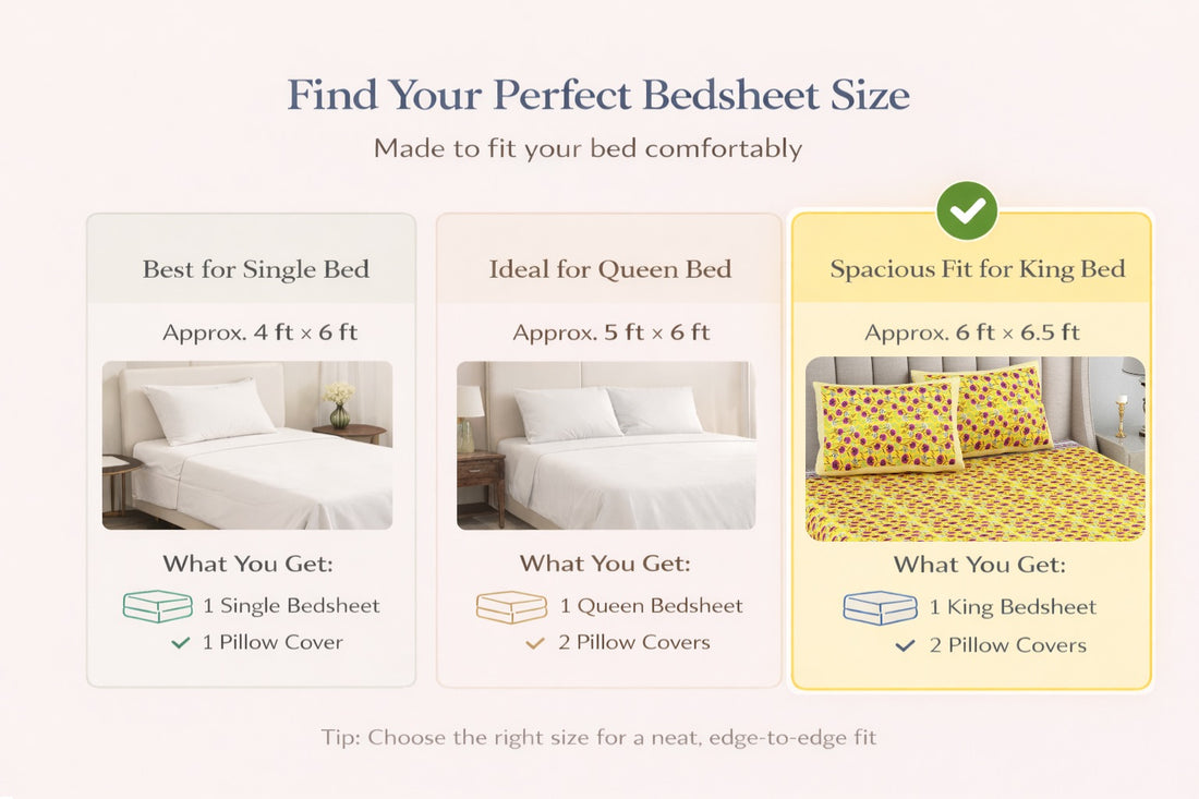 Sunshine Bloom Hand Block Printed Cotton King Bedsheet Set | 90x108 | 240 TC