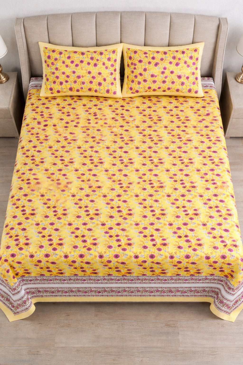 Sunshine Bloom Hand Block Printed Cotton King Bedsheet Set | 90x108 | 240 TC