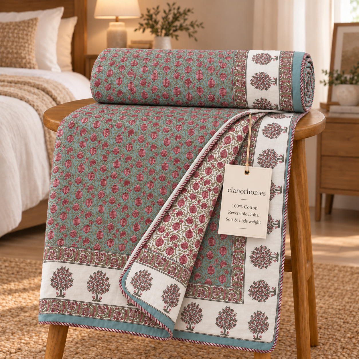 Hand Block Printed Gulabi Buta Cotton Double Dohar | 90x100 Lightweight Quilt