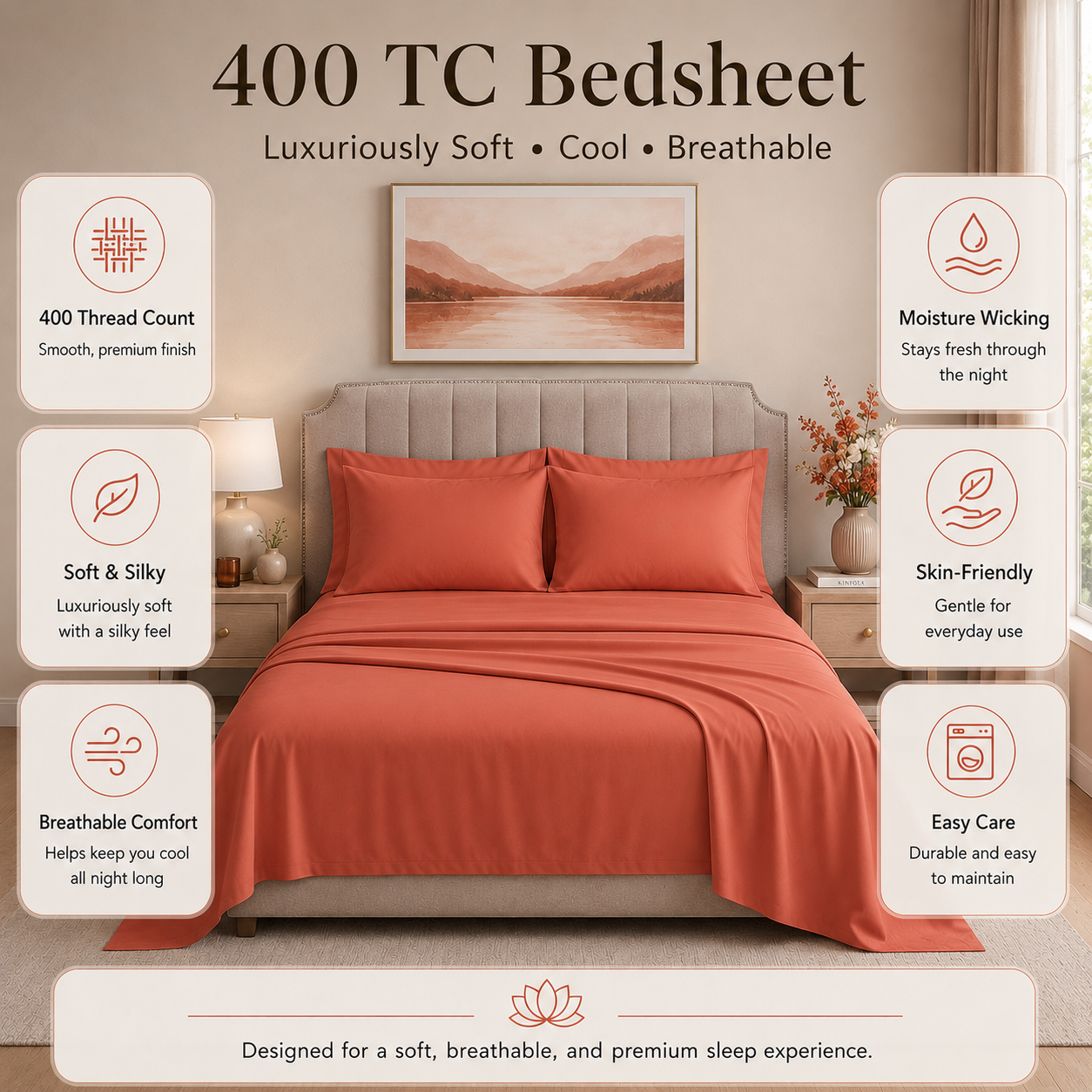 Terracotta Clay 400 TC Pure Cotton King Size Bedsheet with 2 Pillow Covers