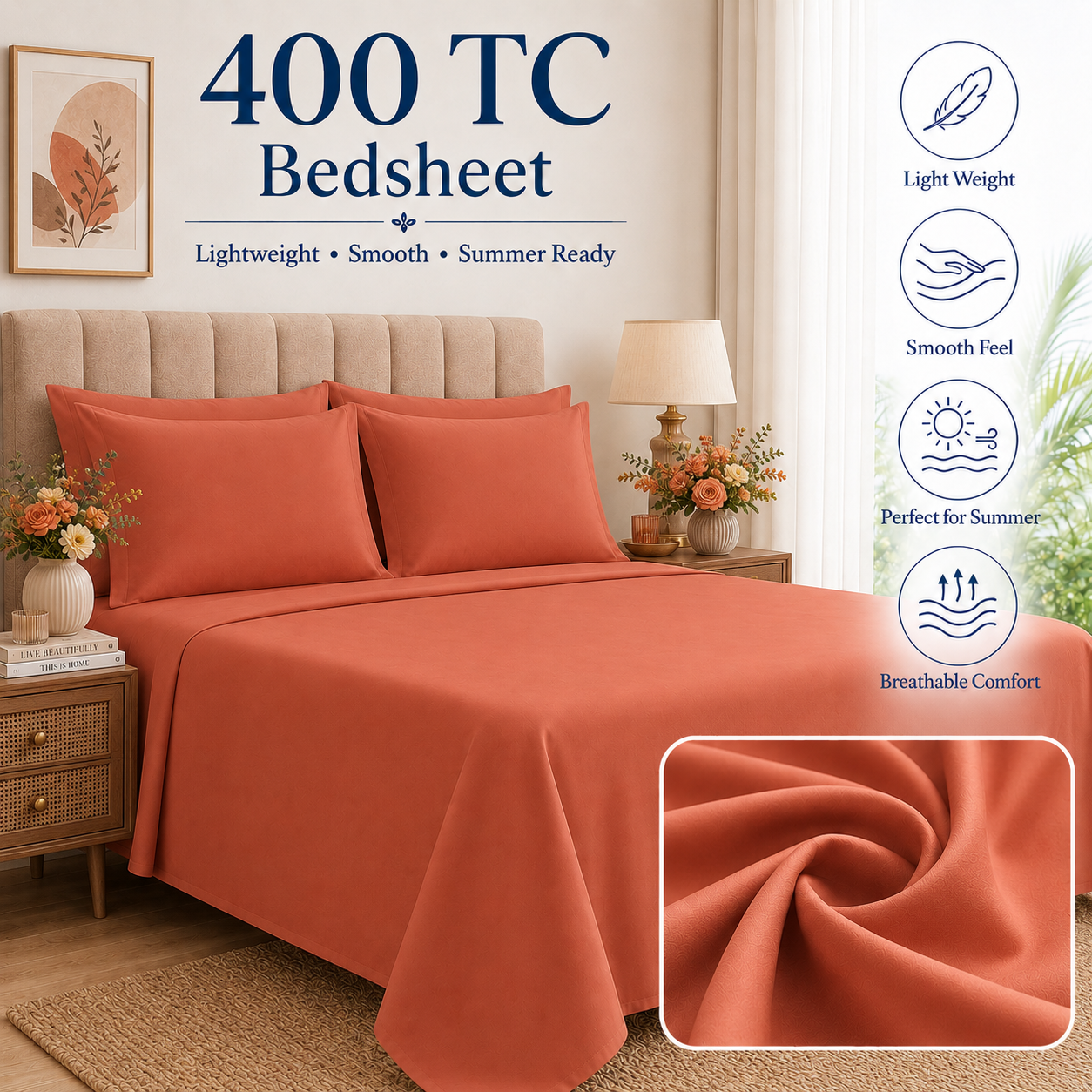Terracotta Clay 400 TC Pure Cotton King Size Bedsheet with 2 Pillow Covers