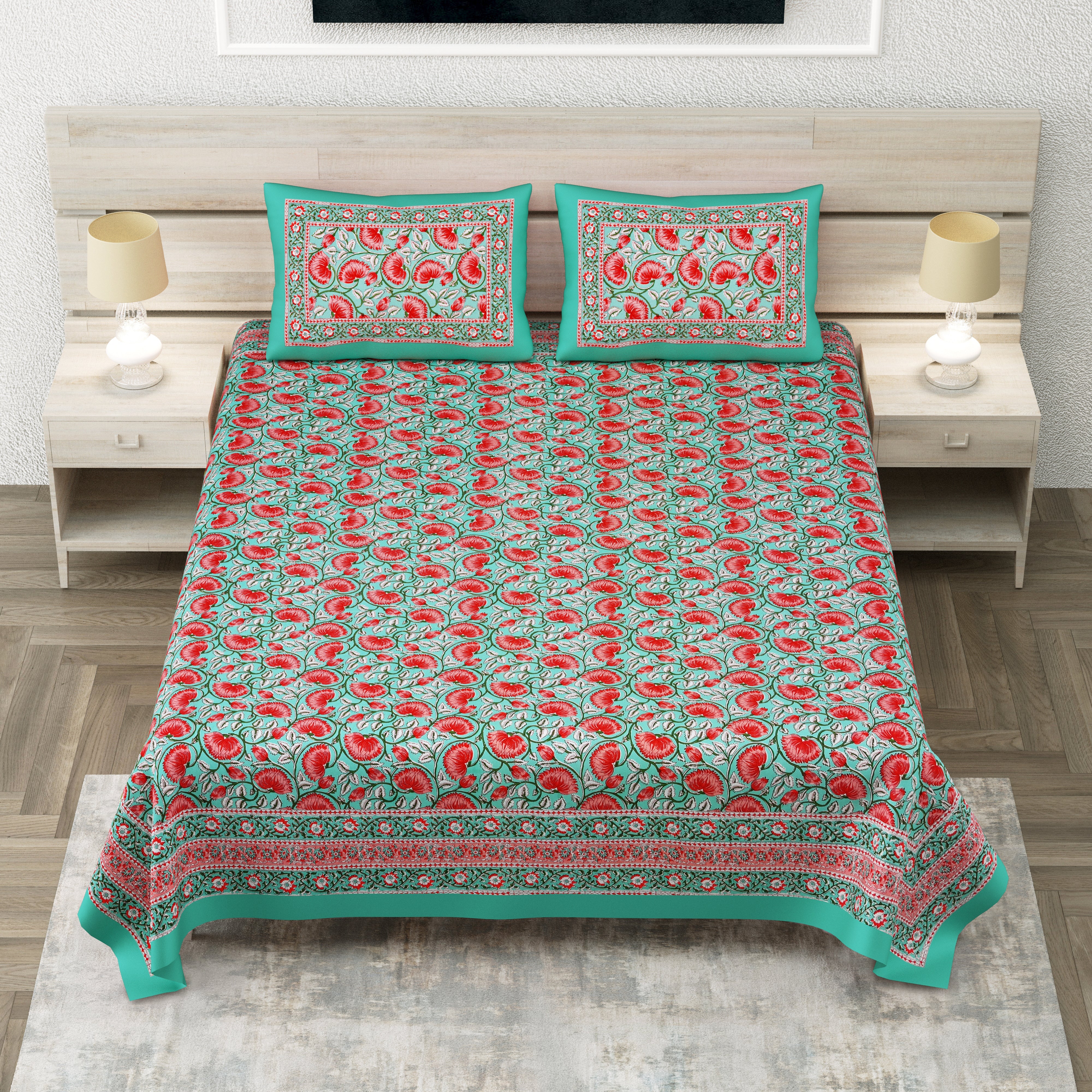 Turquoise Pink Lotus Hand Block Printed Cotton King Bedsheet Set