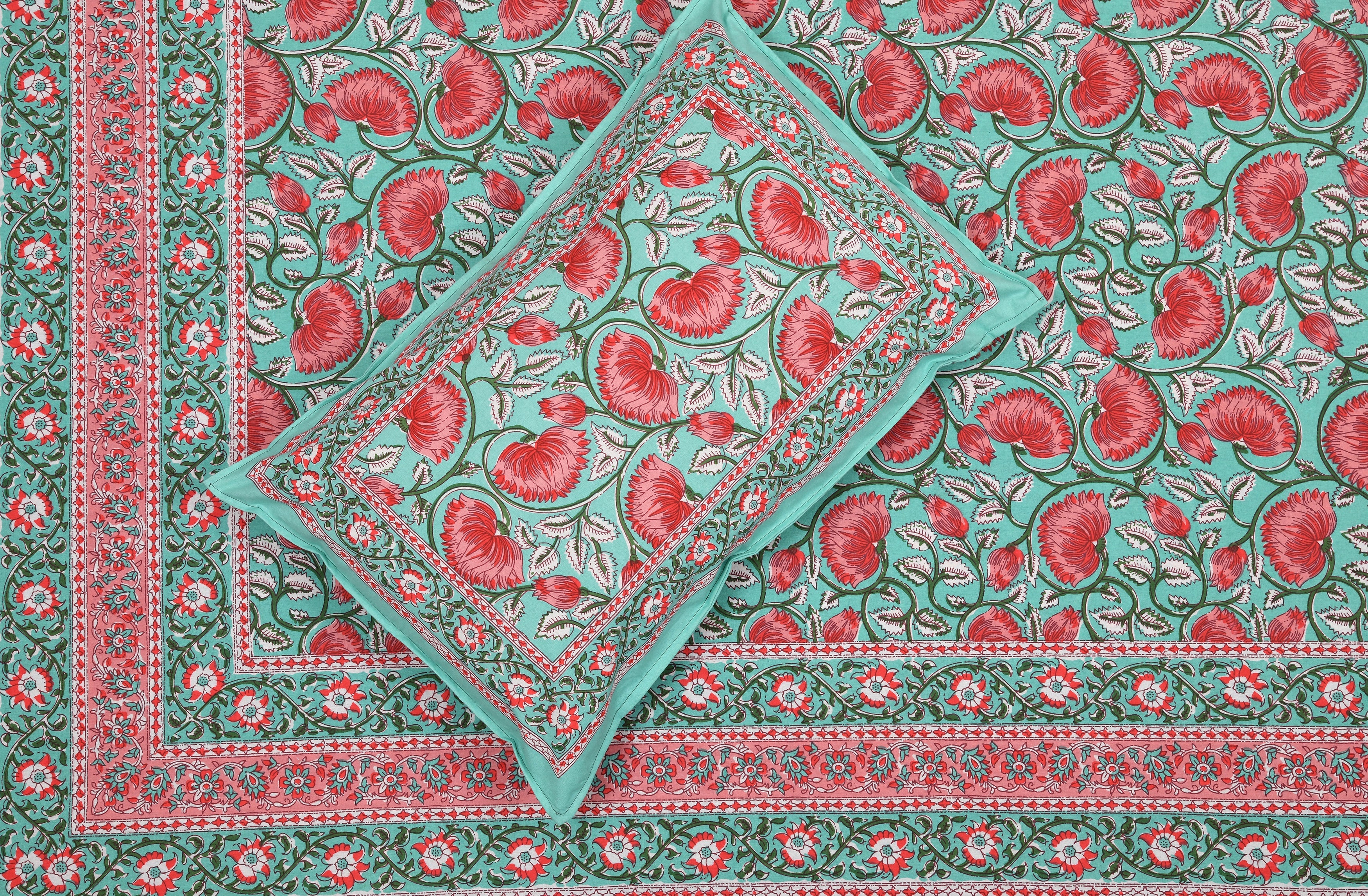 Turquoise Pink Lotus Hand Block Printed Cotton King Bedsheet Set | 90×108 | 240 TC