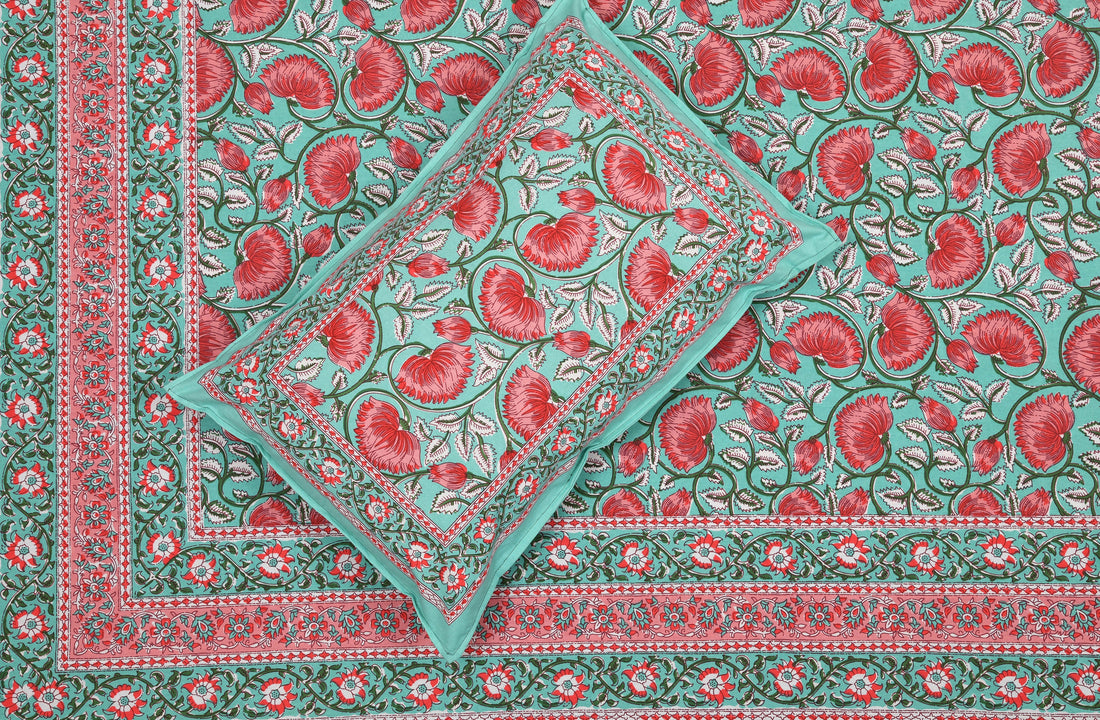 Turquoise Pink Lotus Hand Block Printed Cotton King Bedsheet Set | 90×108 | 240 TC