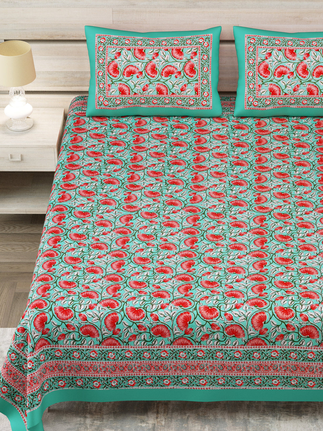 Turquoise Pink Lotus Hand Block Printed Cotton King Bedsheet Set | 90×108 | 240 TC