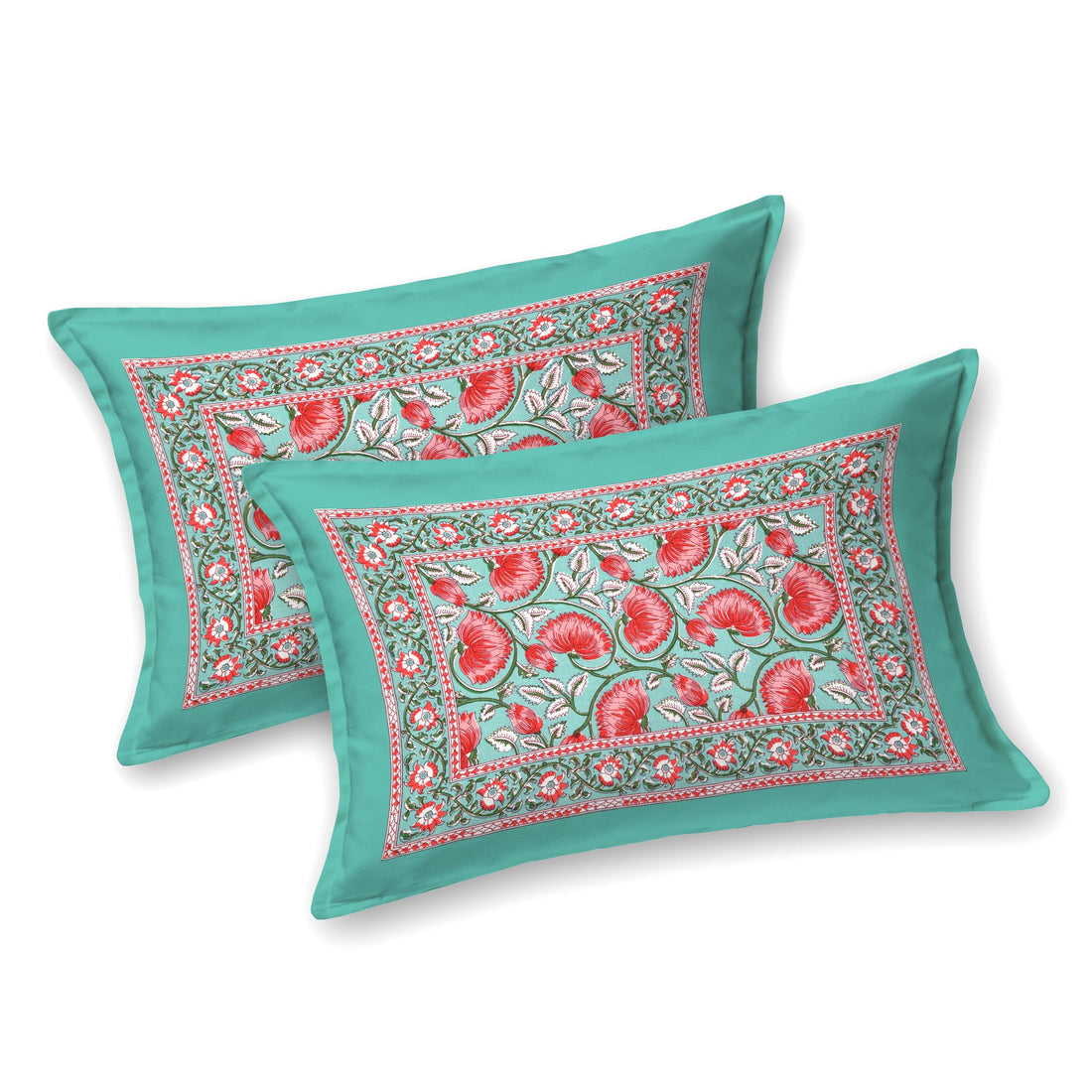 Turquoise Pink Lotus Hand Block Printed Cotton King Bedsheet Set | 90×108 | 240 TC