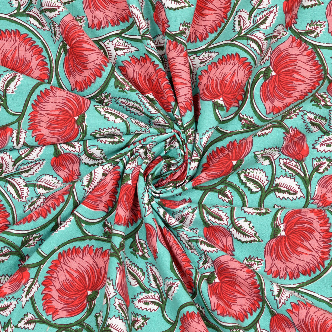 Turquoise Pink Lotus Hand Block Printed Cotton King Bedsheet Set | 90×108 | 240 TC