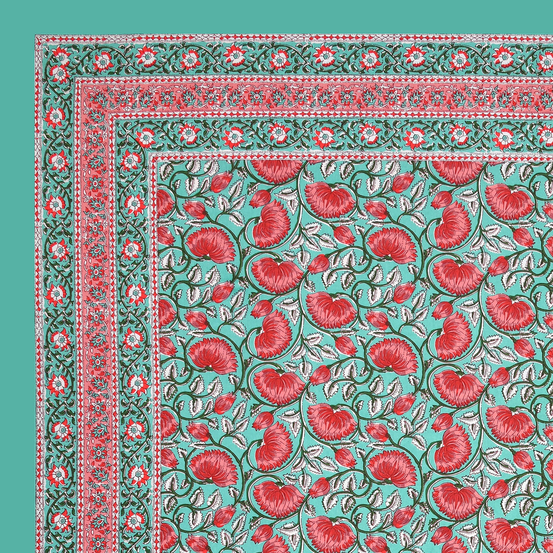 Turquoise Pink Lotus Hand Block Printed Cotton King Bedsheet Set | 90×108 | 240 TC