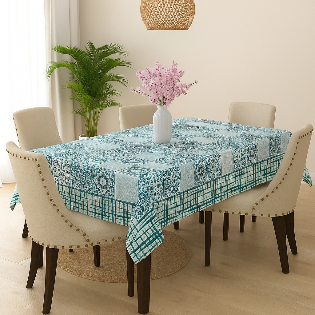 Green hand block printed cotton table cover 6 seater 60x90 inches