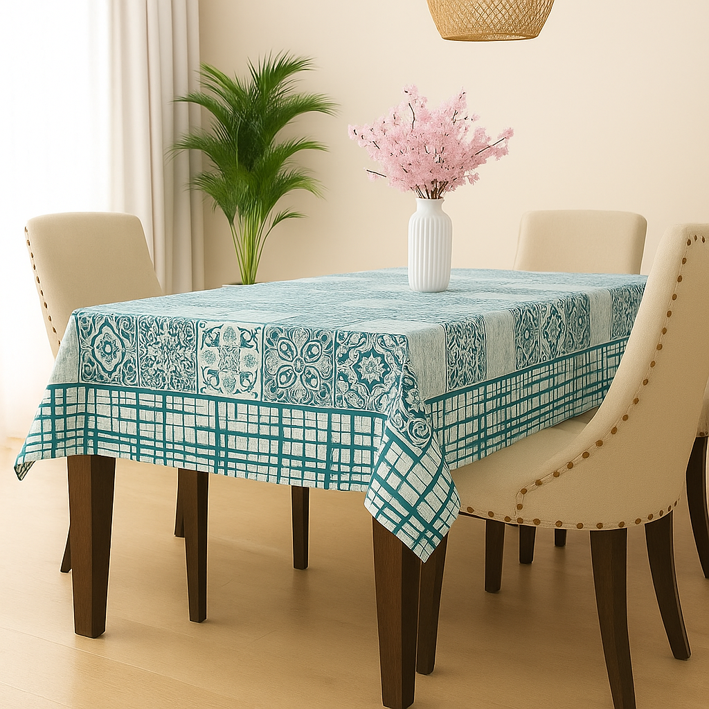 Turquoise Grid Hand Block Printed Cotton Table Cover I 6 Seater