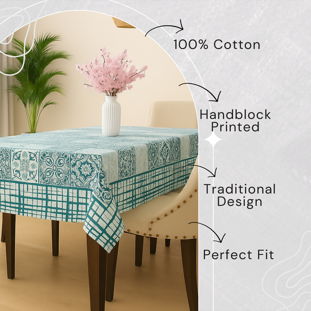 Turquoise Grid Hand Block Printed Cotton Table Cover I 6 Seater