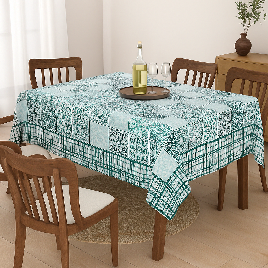 Turquoise Grid Hand Block Printed Cotton Table Cover I 6 Seater