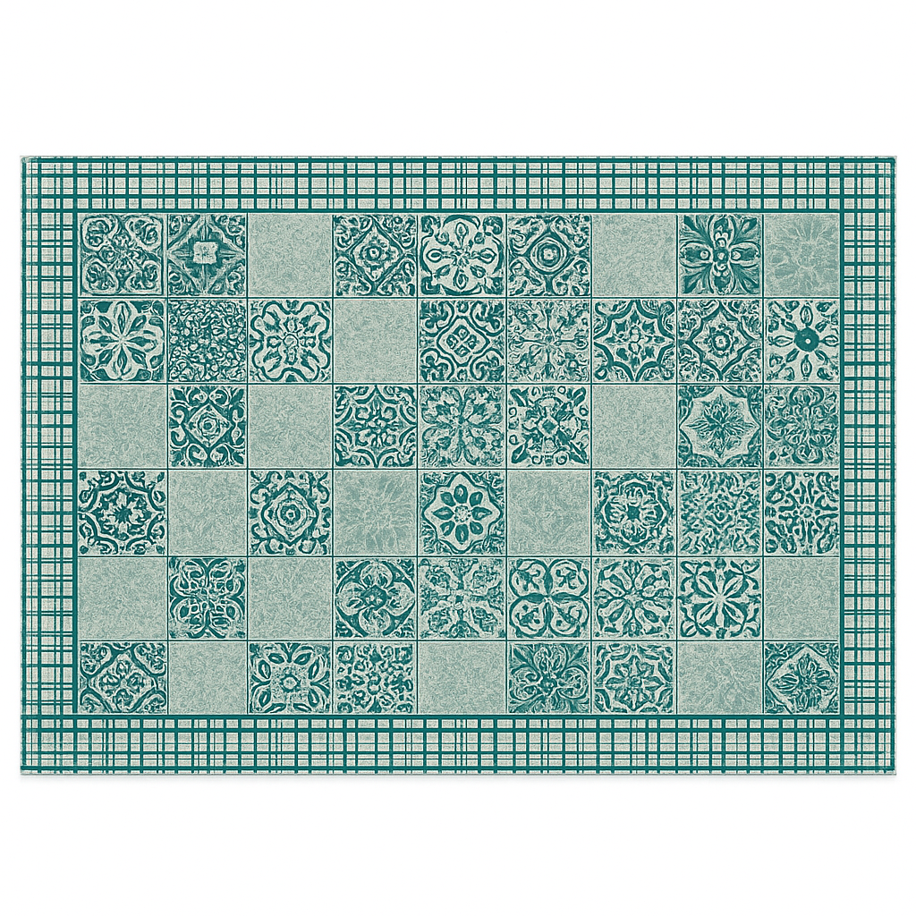 Turquoise Grid Hand Block Printed Cotton Table Cover I 6 Seater