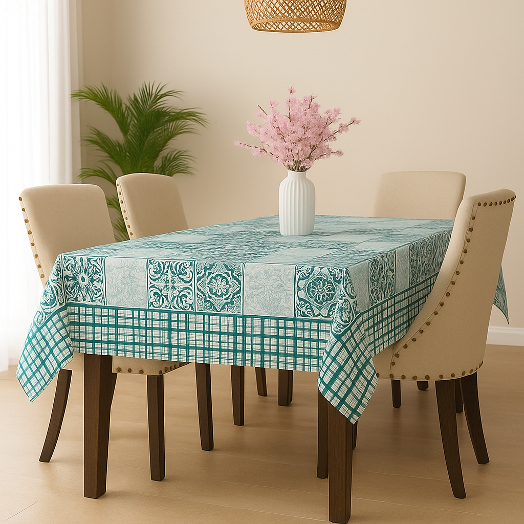 Turquoise Grid Hand Block Printed Cotton Table Cover I 6 Seater