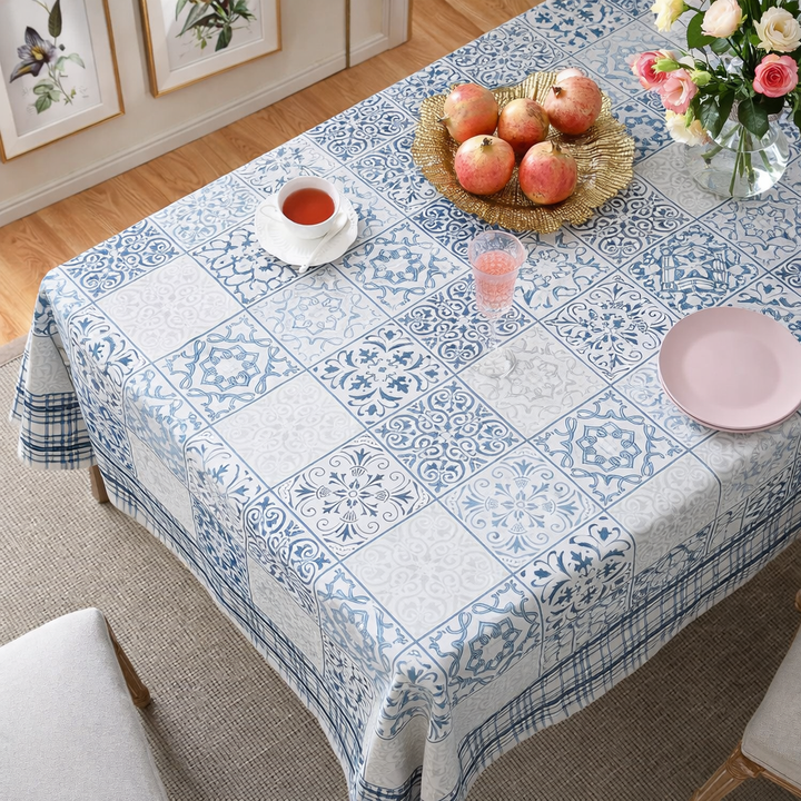 Turquoise Grid Hand Block Printed Cotton Table Cover I 6 Seater