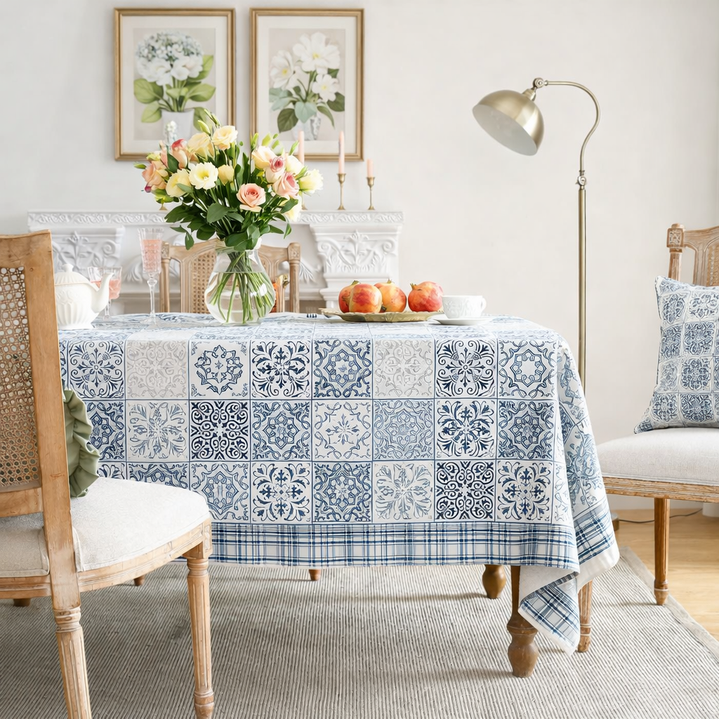 Turquoise Grid Hand Block Printed Cotton Table Cover I 6 Seater