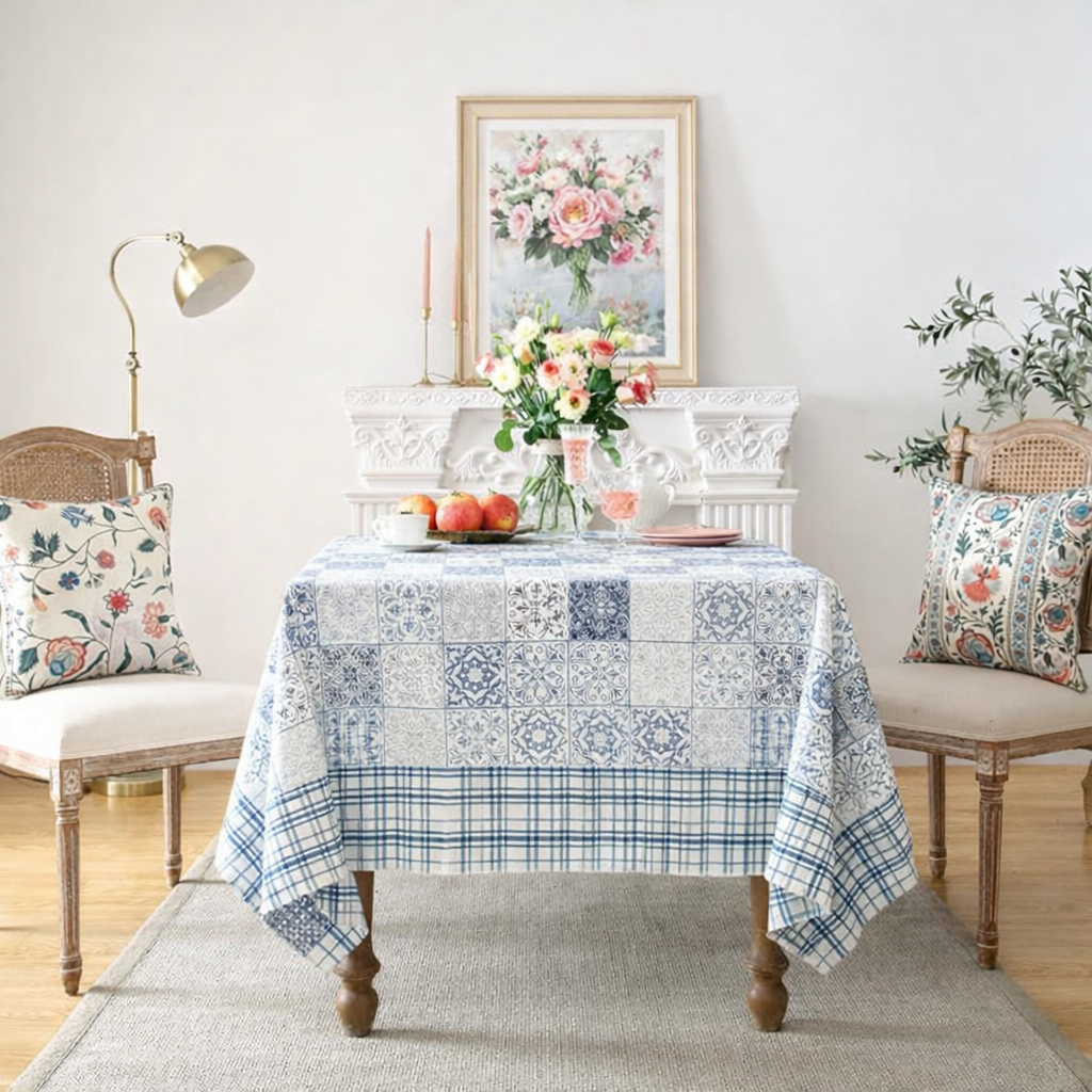 Turquoise Grid Hand Block Printed Cotton Table Cover I 6 Seater