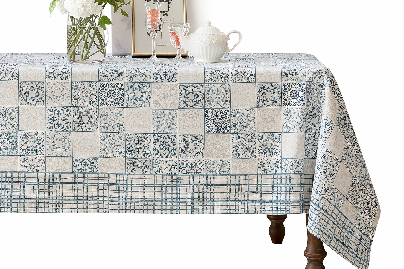 Turquoise Grid Hand Block Printed Cotton Table Cover I 6 Seater
