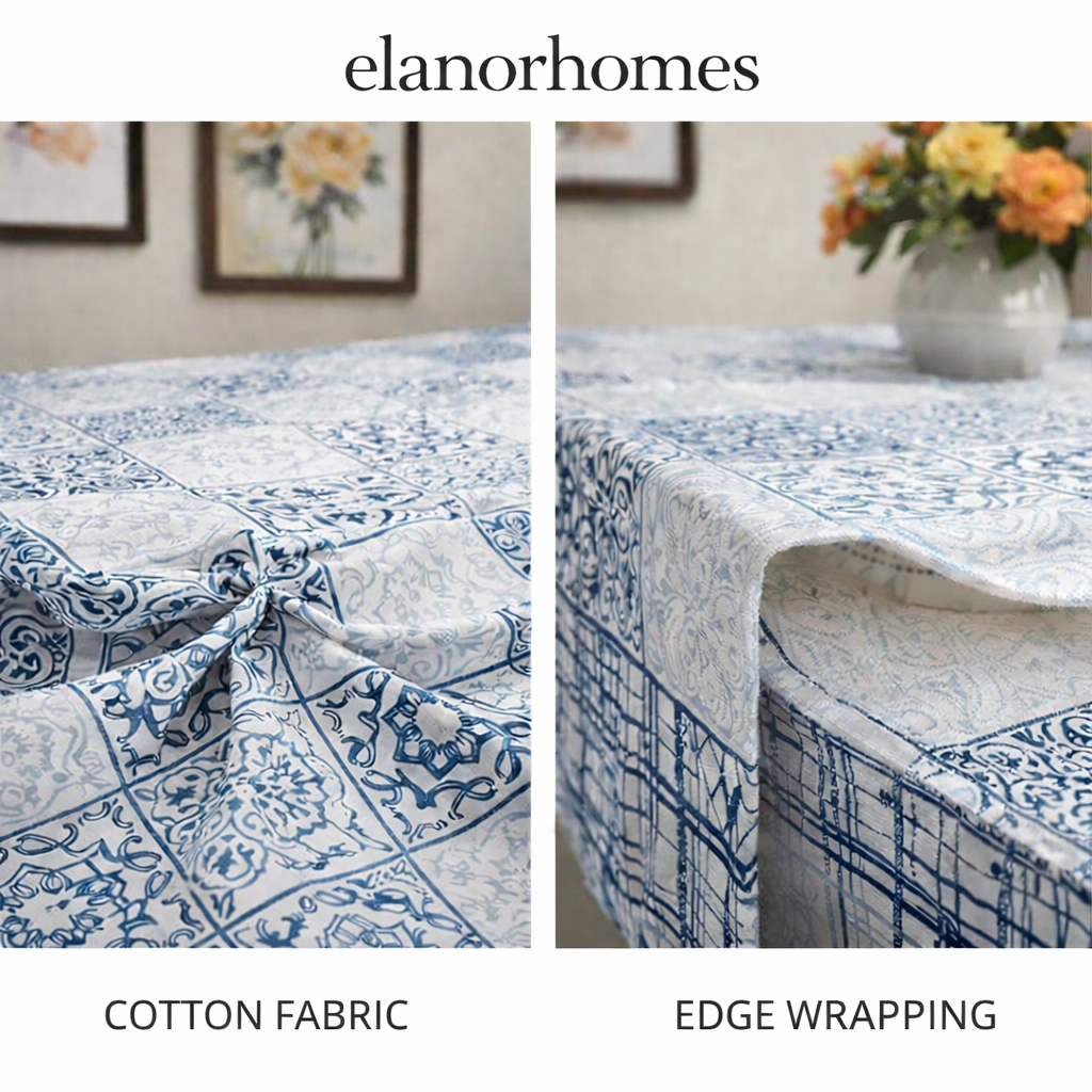 Turquoise Grid Hand Block Printed Cotton Table Cover I 6 Seater