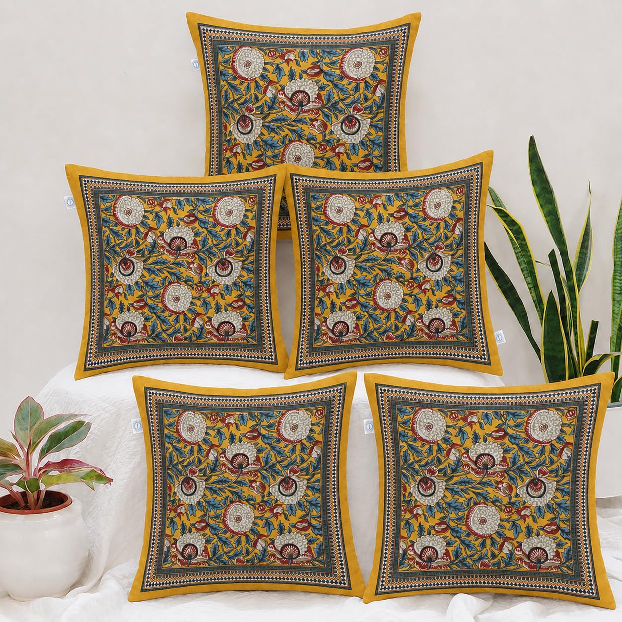 Vasanta Bloom yellow hand block printed cotton cushion covers 16x16 inches pack of 5