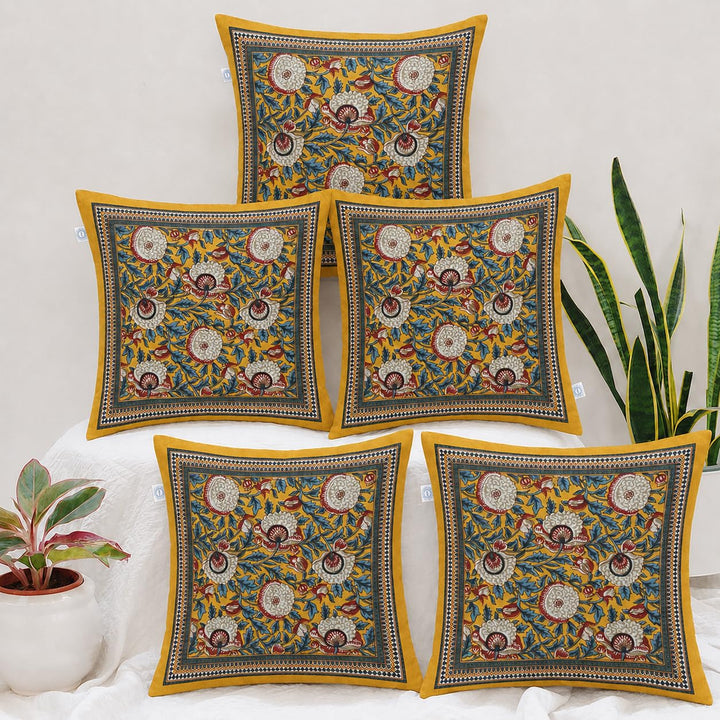 Vasanta Bloom yellow hand block printed cotton cushion covers 16x16 inches pack of 5