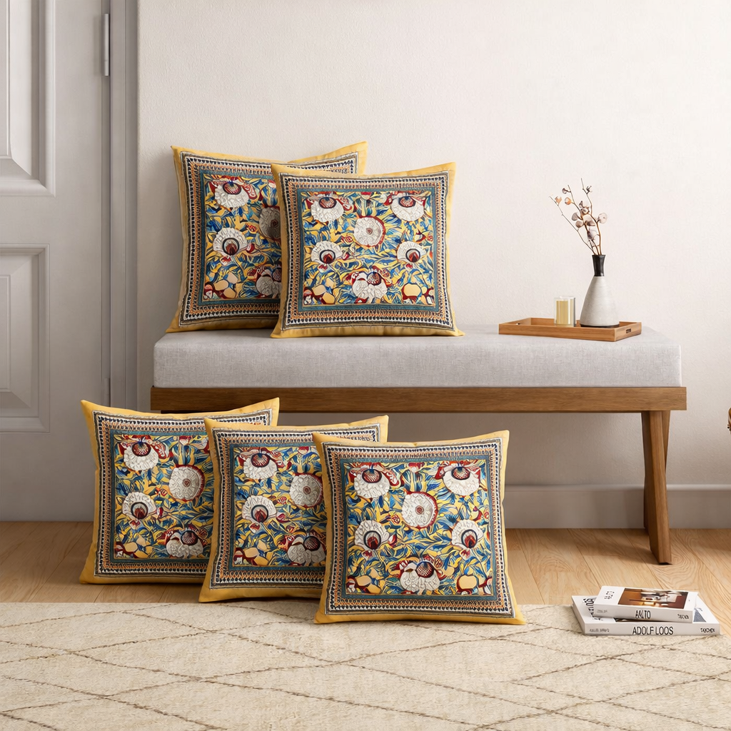 Vasanta Bloom Cushion Covers 16x16 Inches Pack of 5 | Jaipuri Hand Block Print Cotton Pillow Covers | Soft 300 TC Decorative Throw Cushion Cover Set