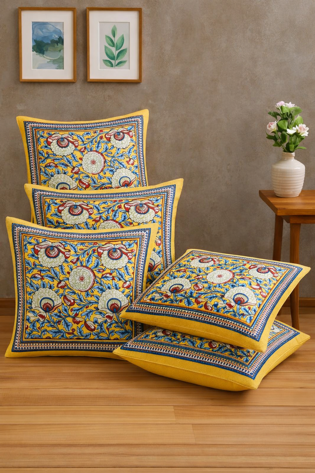 Vasanta Bloom Cushion Covers 16x16 Inches Pack of 5 | Jaipuri Hand Block Print Cotton Pillow Covers | Soft 300 TC Decorative Throw Cushion Cover Set